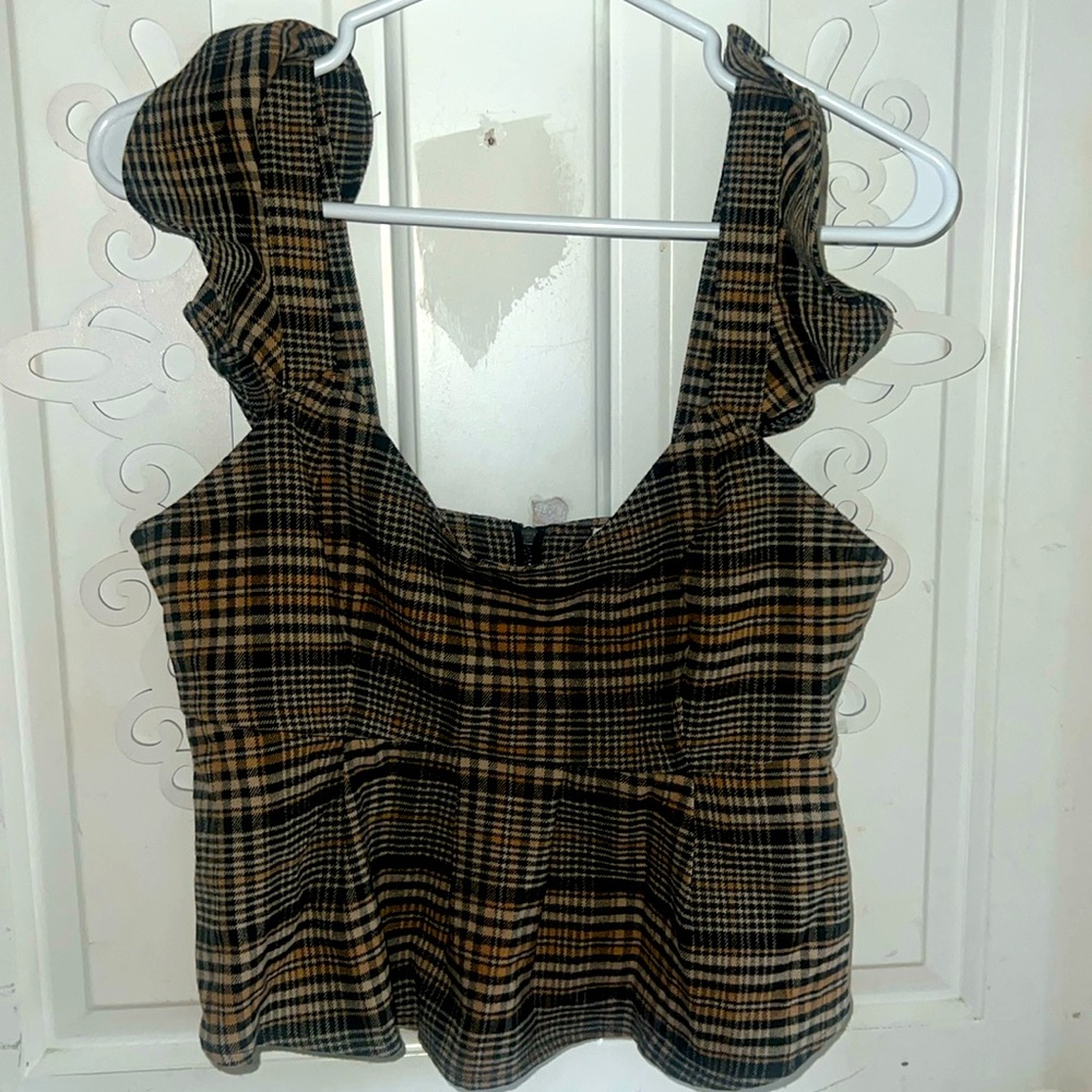 Brown checkered/plaid peplum top